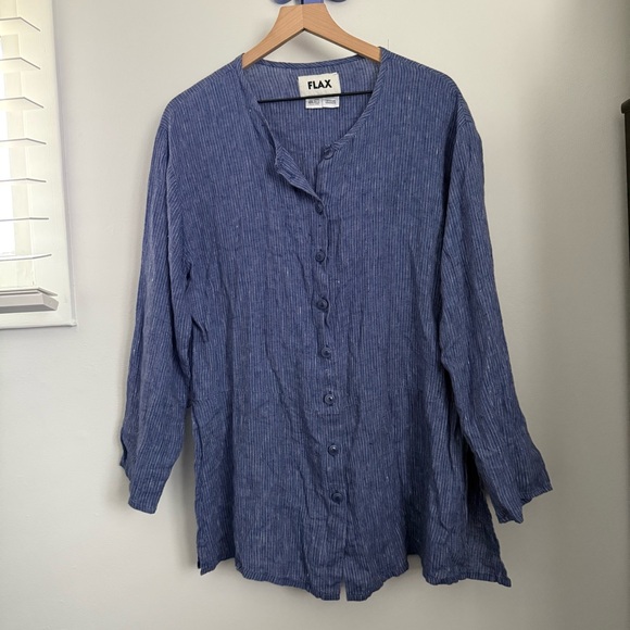 Flax Tops - Flax Small Linen Button Up Shirt Long Sleeve Blue Stripe Lagen Coastal